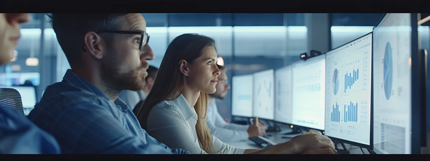 Finance team looking at graphs and figures produced by top technology expense management software