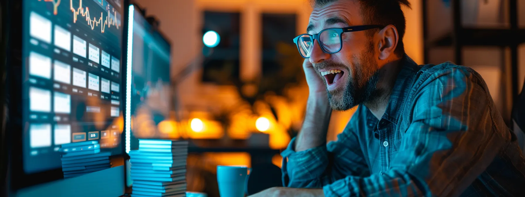 An email marketing manager is smiling at a computer screen which is displaying email marketing programs for publishers