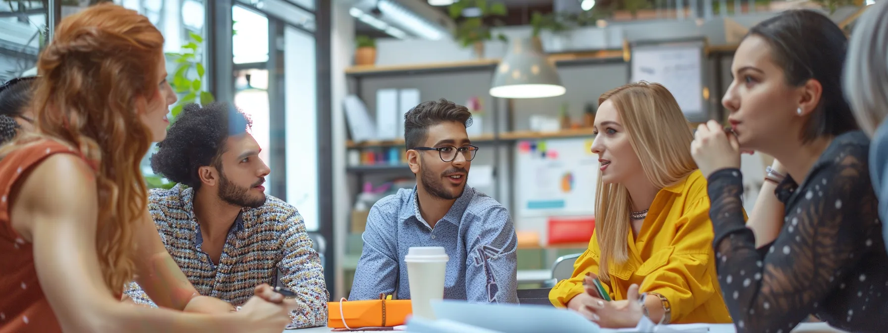 Five employees gathered around a desk and discussing which is the best knowledge management software