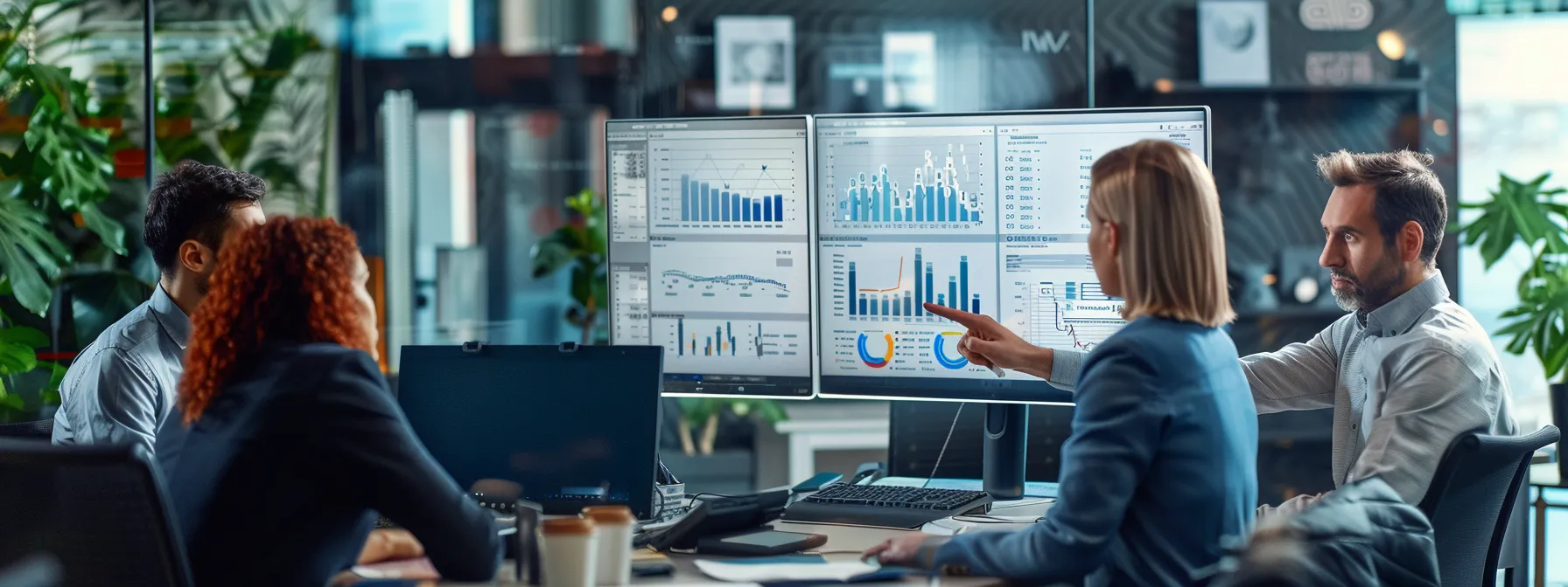 Four employees discussing the best knowledge management software while sitting at a desk and pointing at data on a screen